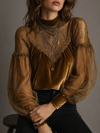 Retro Gold Velvet Lace Patchwork Balloon Sleeve Blouse
