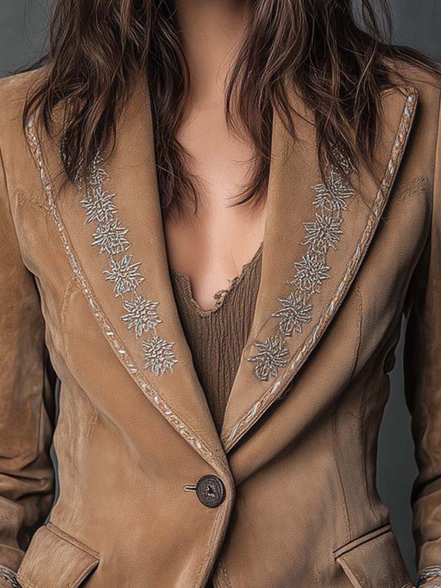 Camel Suede Embroidered Blazer