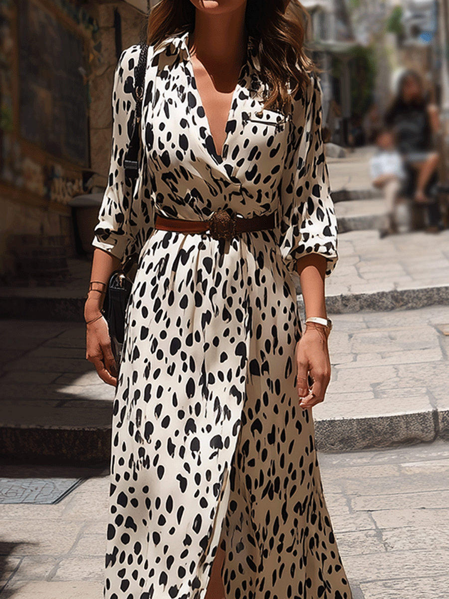 Romantic Belted Slit V-Neck Animal Print Maxi Dress