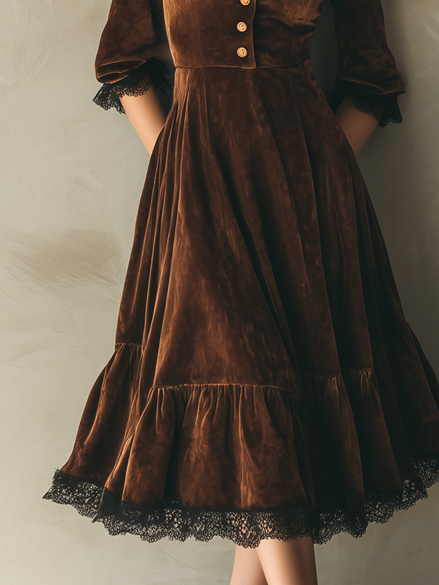 Vintage Metal Button Lace Trim Velvet Midi Dress