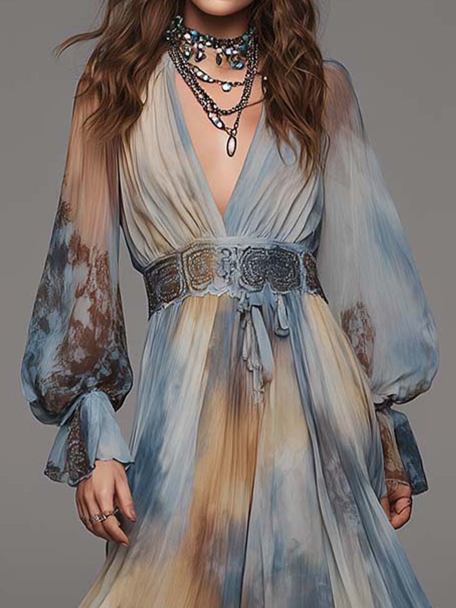 Vintage Tie-Dye Print Balloon Sleeves Flowy Maxi Dress