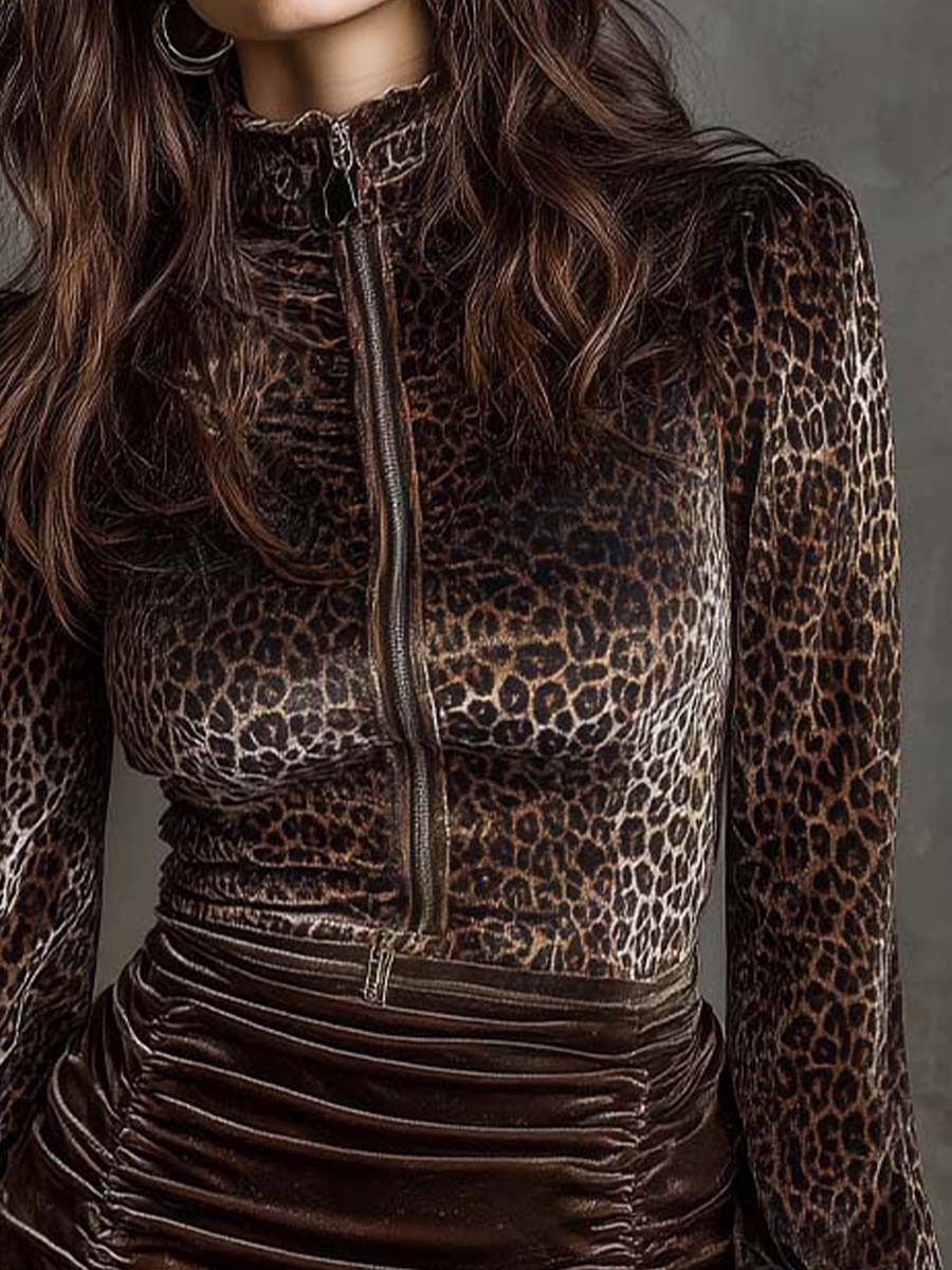 Leopard Print Velvet Ruched Bodycon Dress With Zipper Collar