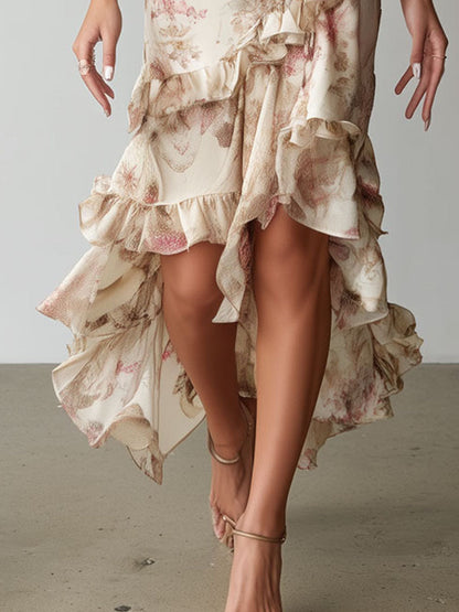 Elegant Floral Ruffled High-Low Hem Satin Slip Dress