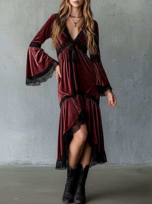 Vintage Burgundy Velvet Lace-Trim Boho Midi Dress
