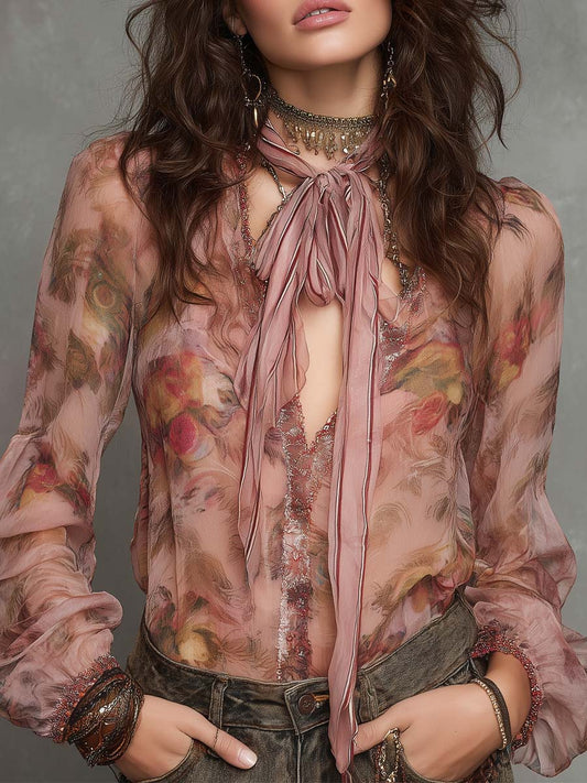 Vintage Bohemian Sheer Floral Tie-Neck Blouse