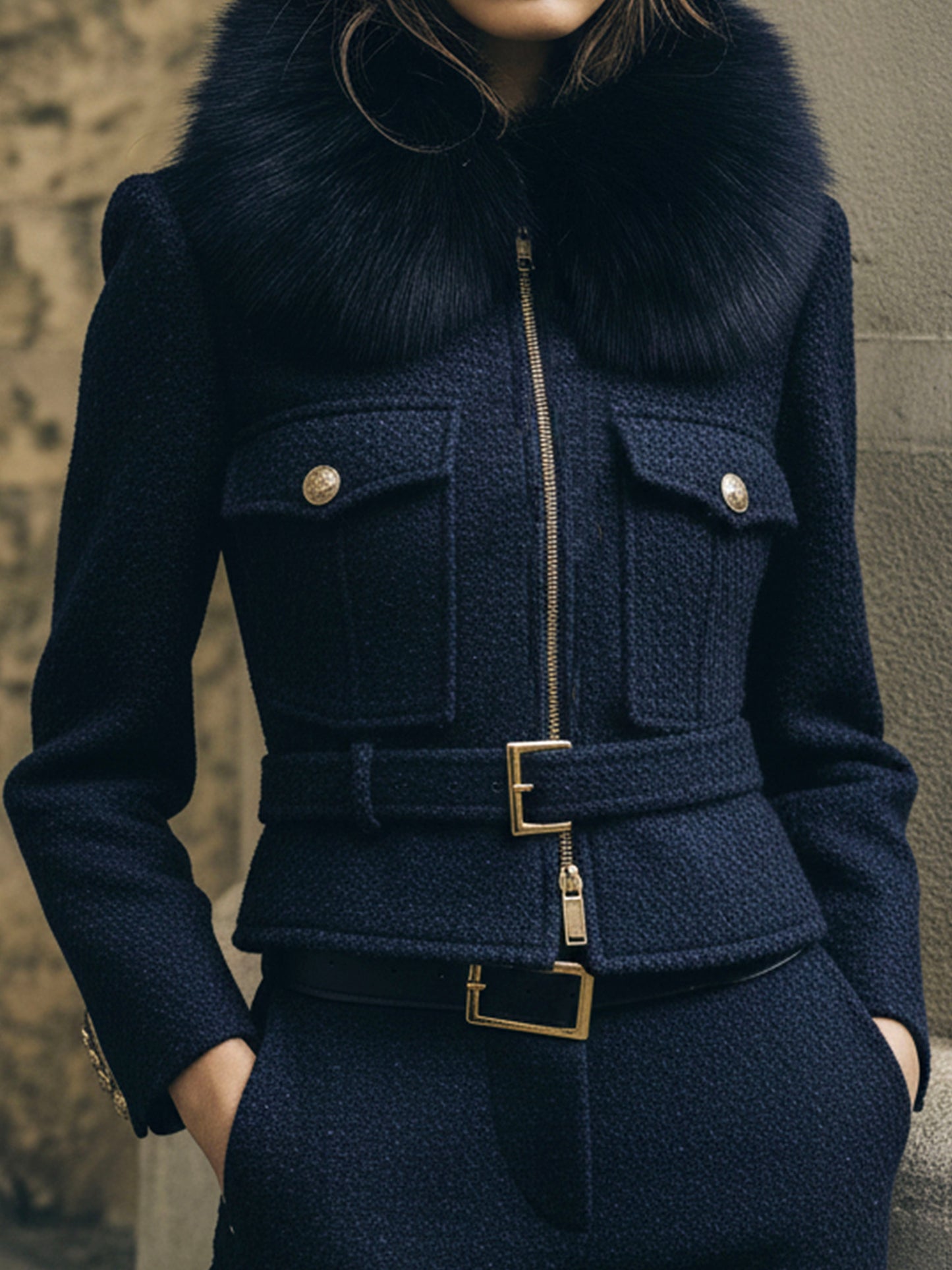 Retro Navy Wool Belted Zipper Jacket With Eco Fur Collar
