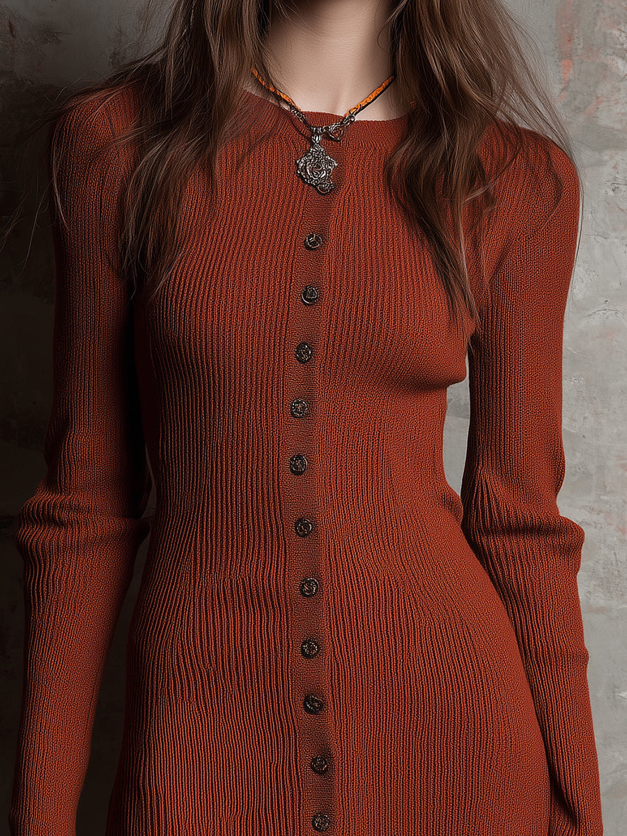 Retro Slim-fit Button-embellished Knitted Mini Dress