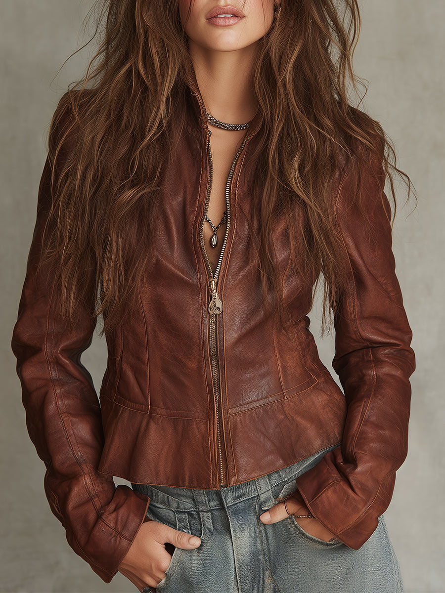 Retro Ruffled Hem Front Zip Eco-friendly PU Jacket