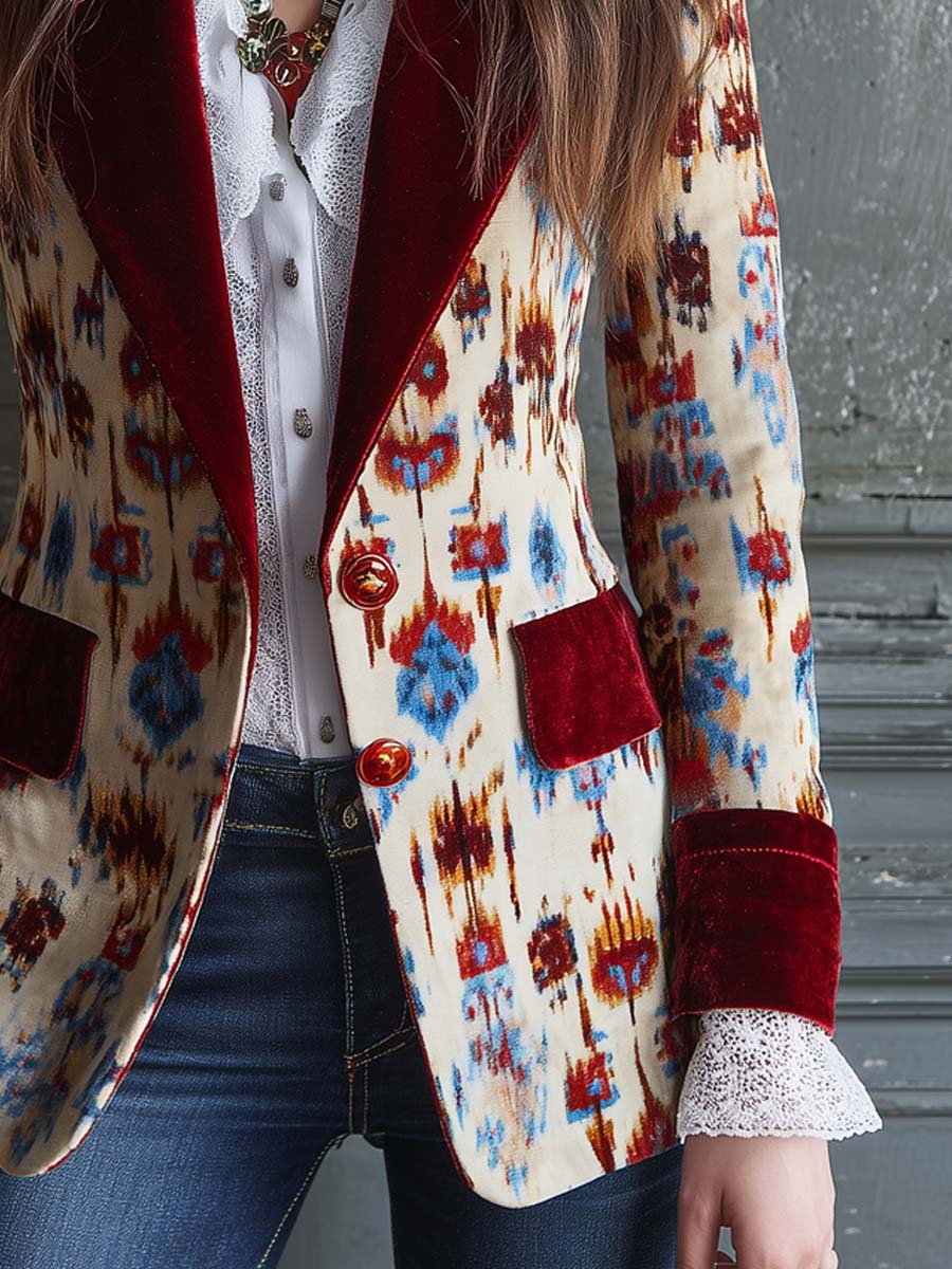 Retro Color-blocked Floral Polyester Velvet Mid-length Blazer