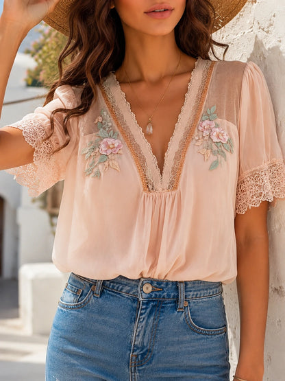 Boho Floral Embroidered Chiffon Blouse — Puff Sleeve V-Neck Top