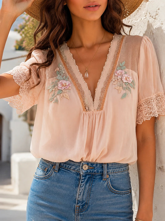 Boho Floral Embroidered Chiffon Blouse — Puff Sleeve V-Neck Top