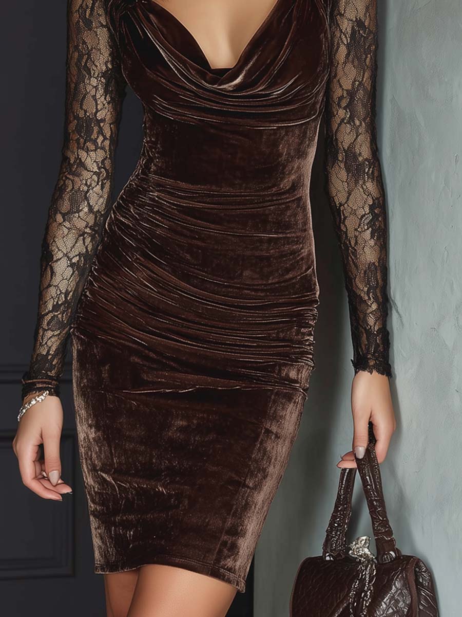 Retro-style Lace-trimmed Long-sleeved Polyester Velvet Mini Dress