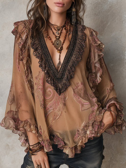 Bohemian Paisley Print Chiffon Blouse With Ruffles