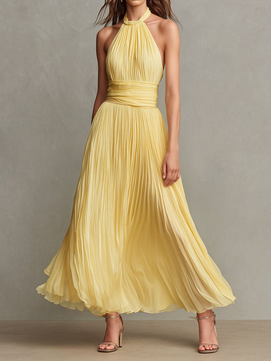 Boho Sunshine Yellow Pleated  Cinched Waist Halter Maxi Dress