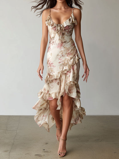 Elegant Floral Ruffled High-Low Hem Satin Slip Dress