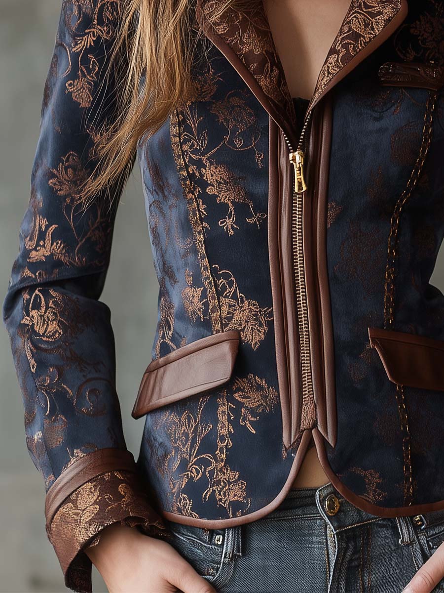 Printed Suede Fitted Jacket With Contrast Leather Trim