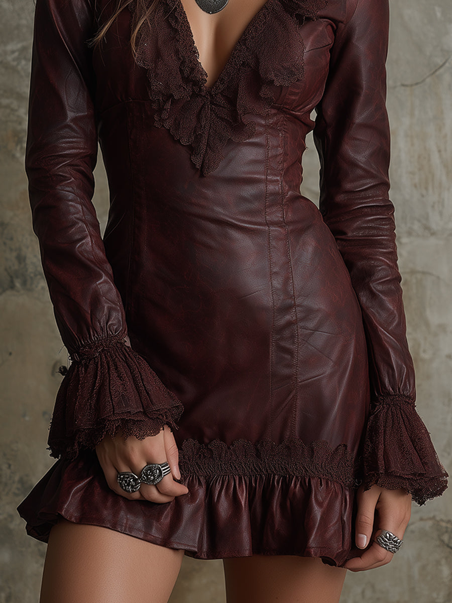 Retro Eco-friendly PU Lace Ruffled Hem Mini Dress
