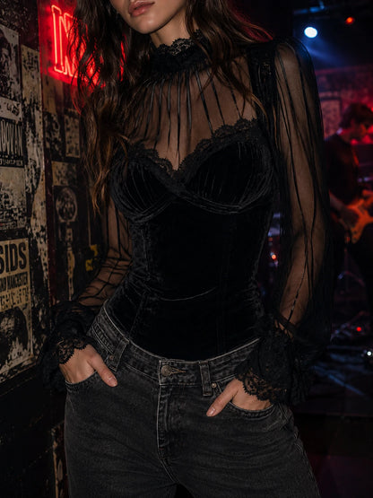 Chic Black Velvet Sheer Sleeves Corset Top With Lace Trim