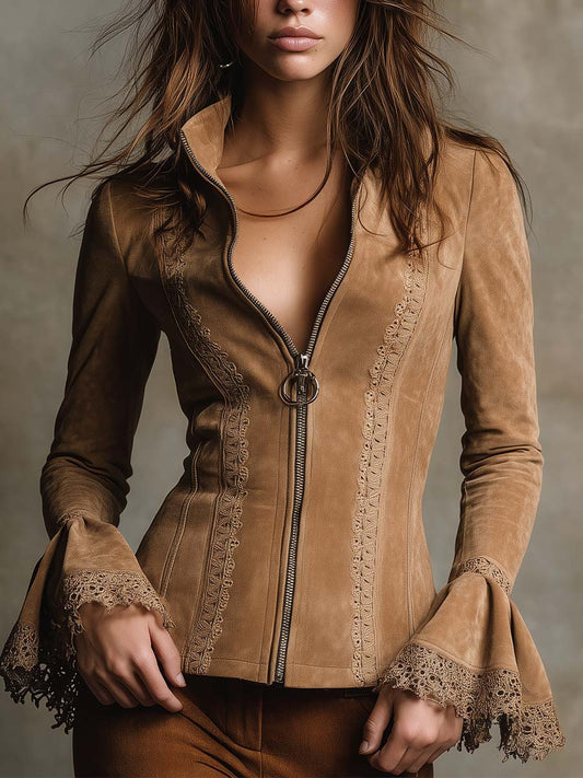 Sudan Brown Lace-Trimmed Eco-Suede Fitted Jacket