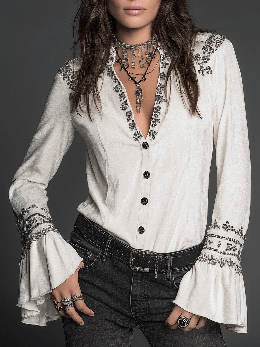 Vintage White Velvet Embroidered Bell-Sleeve Blouse