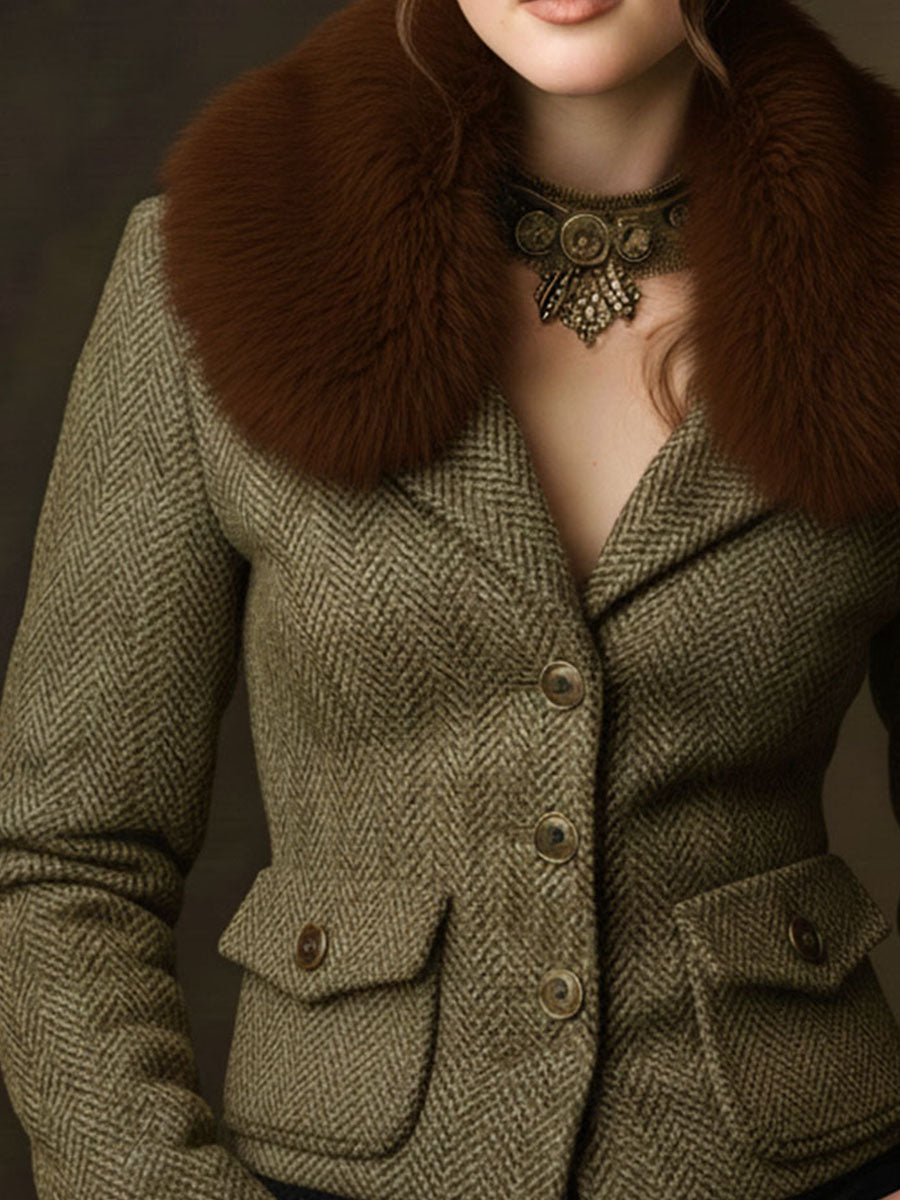Vintage Olive Herringbone Tweed Blazer Jacket With Eco Fur Collar