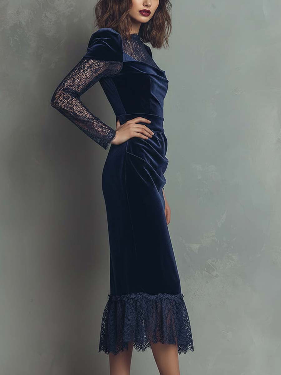Navy Velvet Lace Midi Dress With Puff Shoulders