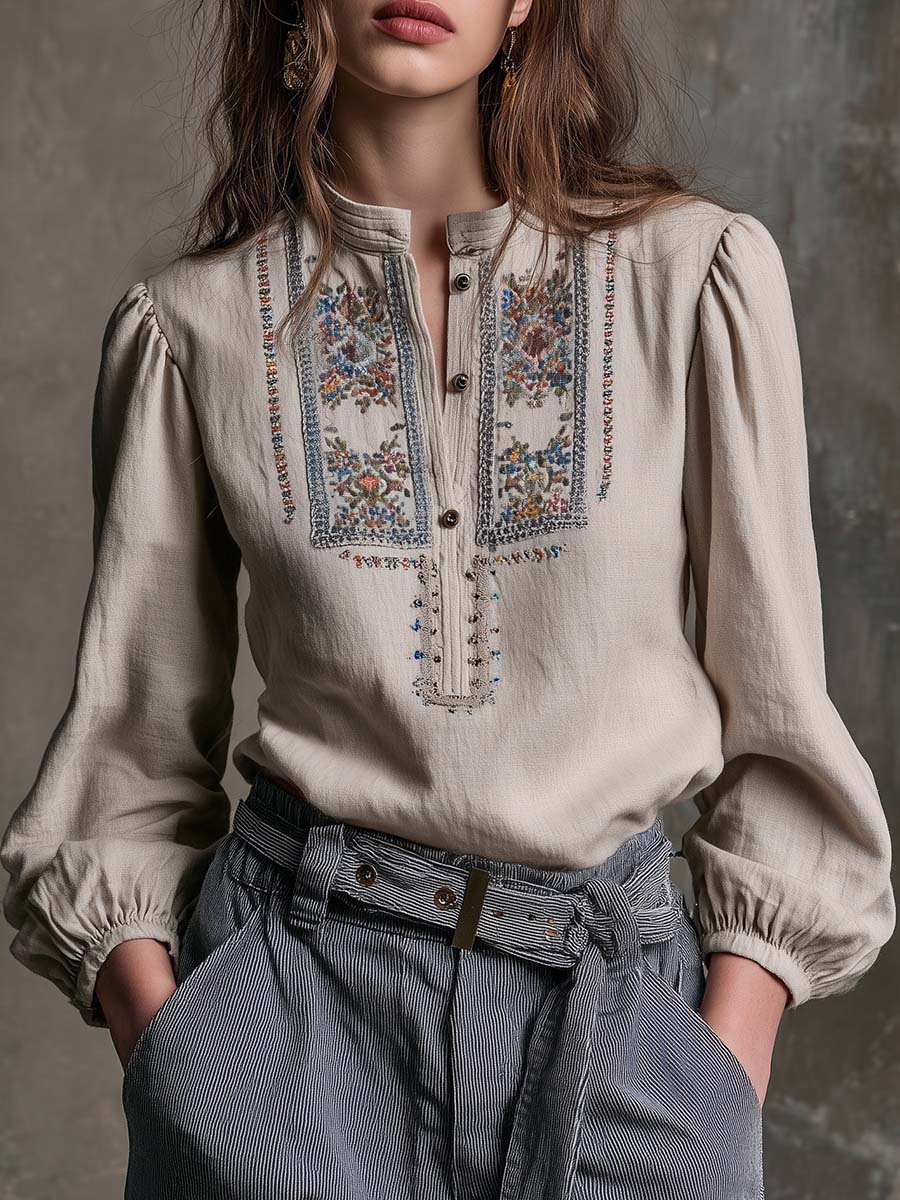 Vintage Embroidered Boho Linen Blouse