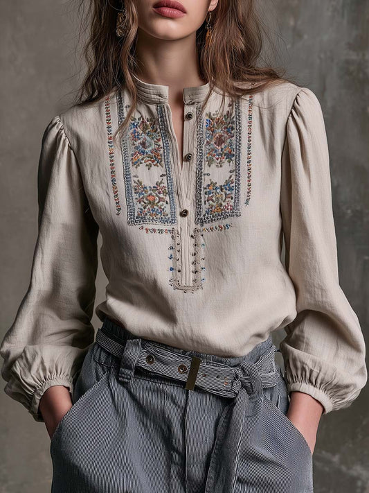 Vintage Embroidered Boho Linen Blouse