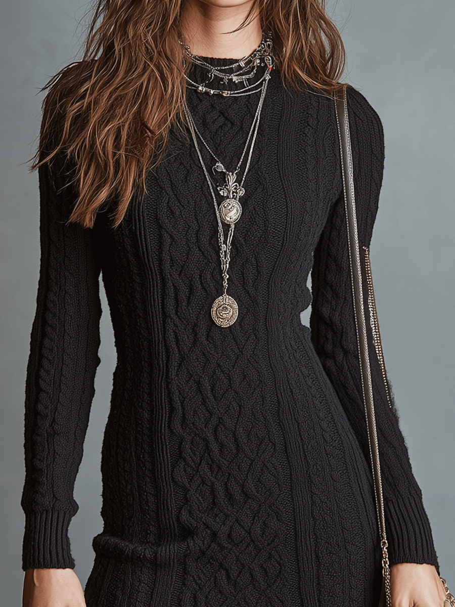 Classic Black Cable Knit Long Sleeve Mini Dress