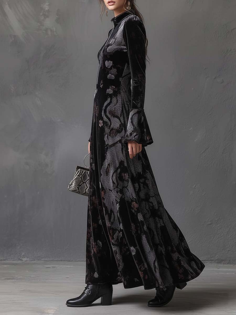 Velvet Maxi Dress With Snake & Floral Print