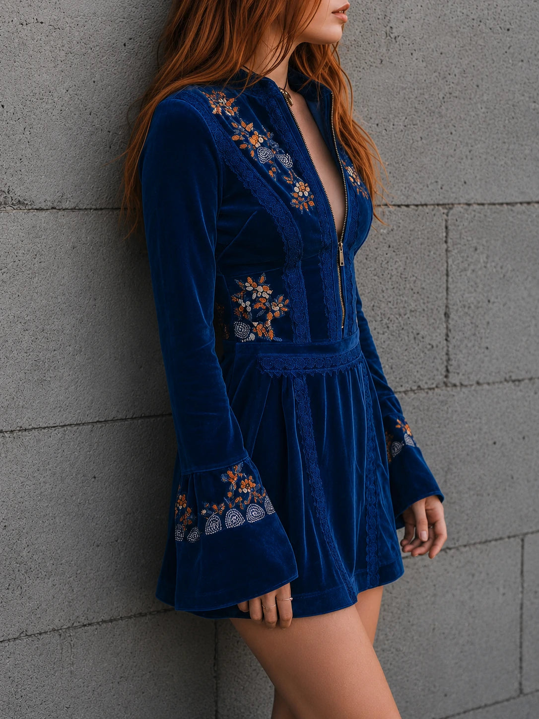 Boho Blue Velvet Zipper Front Lace Trim Embroidered Mini Dress