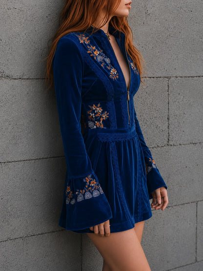 Boho Blue Velvet Zipper Front Lace Trim Embroidered Mini Dress