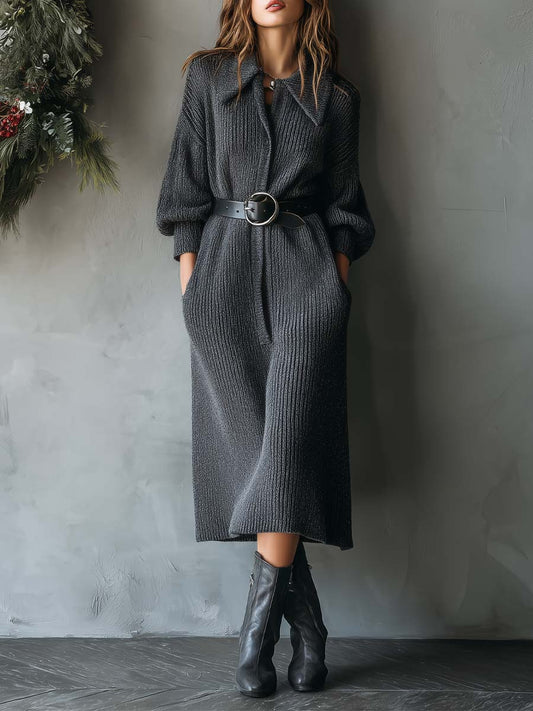 Ribbed Knit Oversized Maxi Dress With Statement Collar And Leather Belt