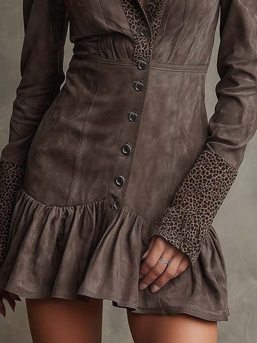 Eco-Suede Mini Dress With Leopard Trim And Ruffled Hem