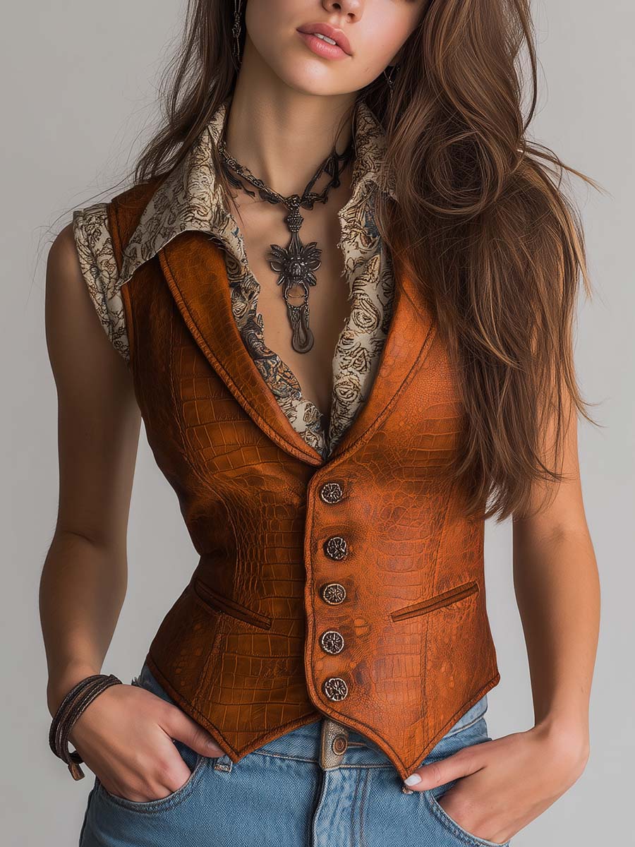 Retro Caramel Croc-Embossed Eco-Leather Vintage Vest