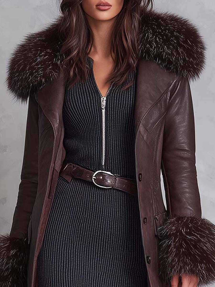 Vintage Reddish Brown Eco-Leather Coat With Detachable Fur Collar