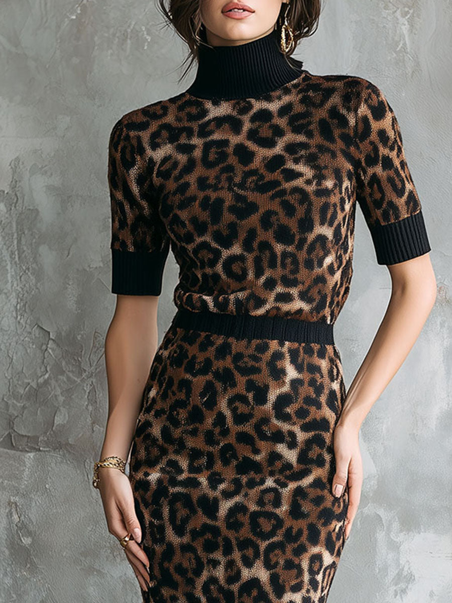 Leopard Print Knit Turtleneck Top And Matching Pencil Bodycon Skirt Set