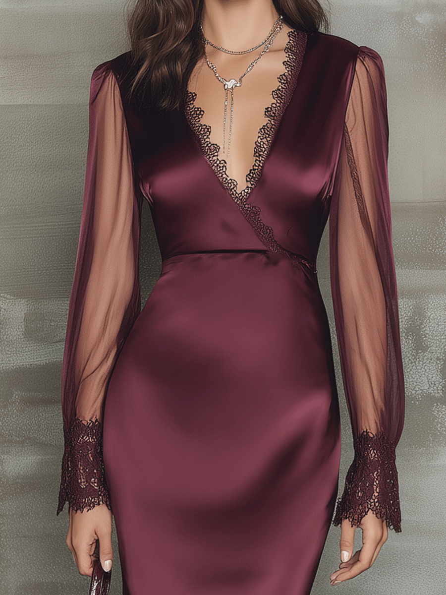 Elegant Burgundy V-Neck Lace Sleeve Cocktail Midi Dress