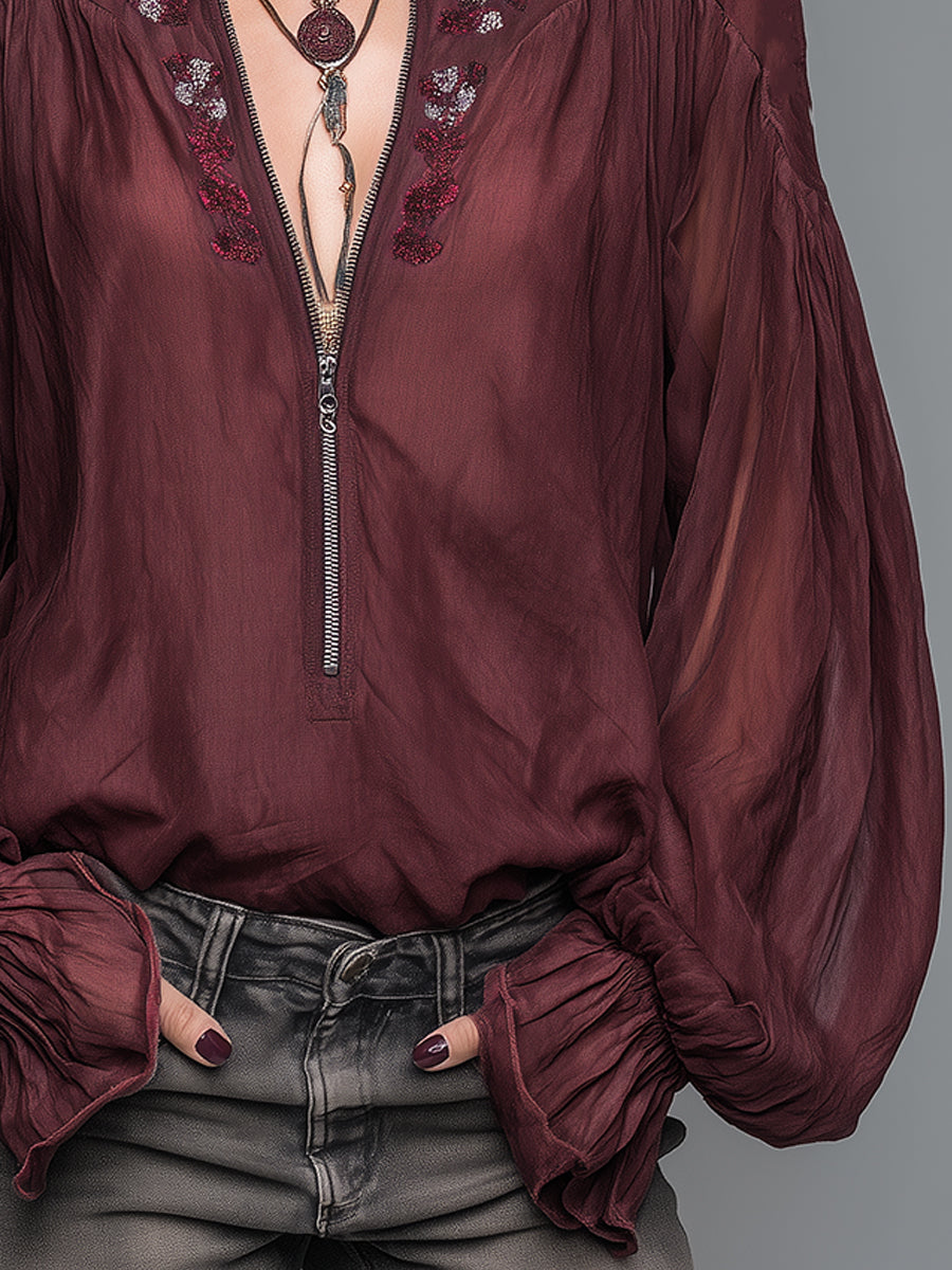 Bohemian Style Blouse With Front Zipper And Embroidery