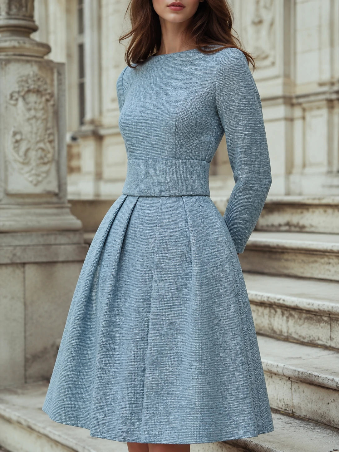 Vintage Tweed Long-Sleeved Midi Dress