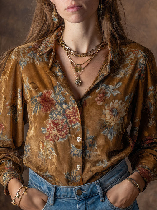 Vintage Suede Floral Print Puff Sleeves Blouse