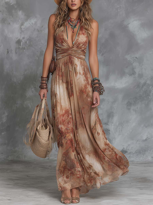 Boho-Vintage Elegant Watercolor Chiffon Maxi Dress