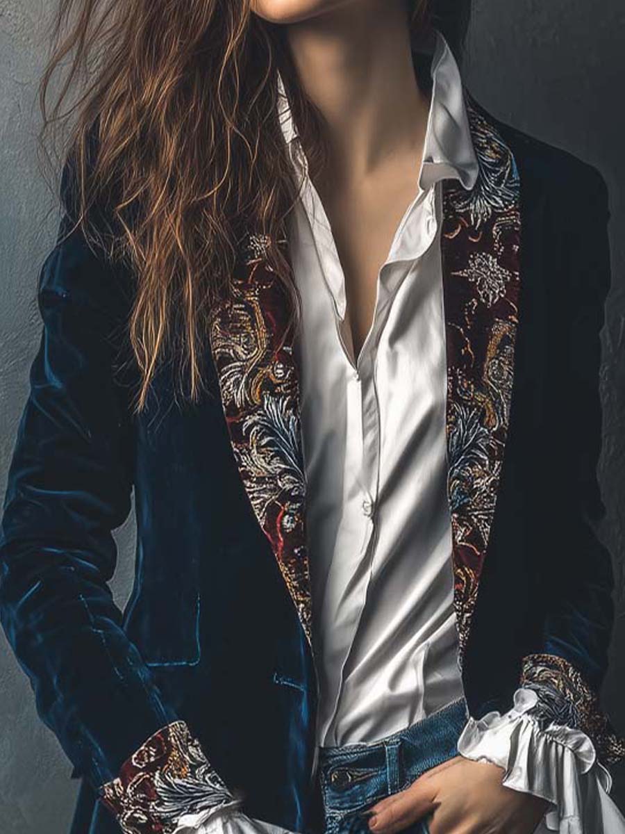 Velvet Blazer With Printed Lapel And Cuffs – Vintage Indigo Elegance