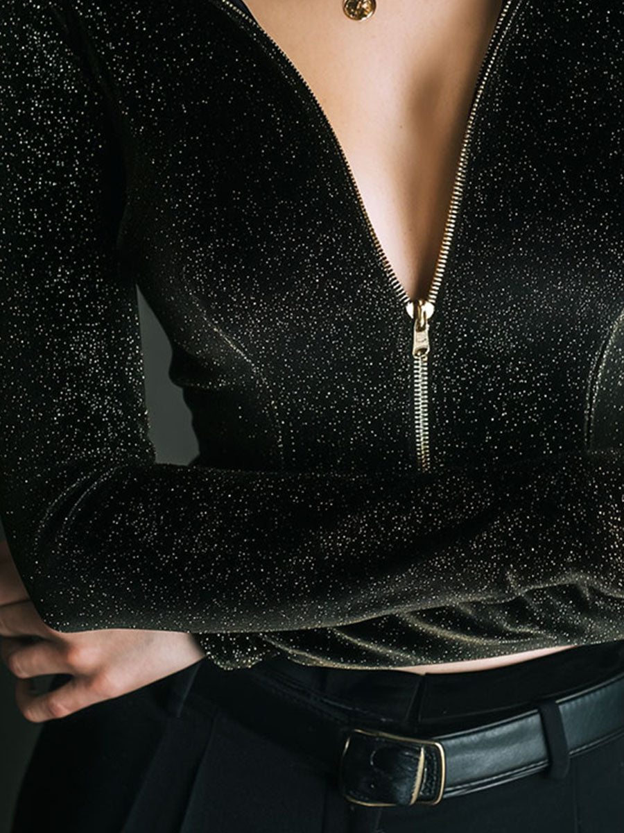 Black Velvet Glitter Zip-Up Fitted Long Sleeve Lightweight Jacket