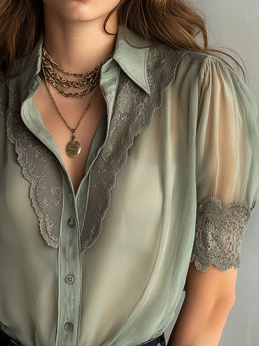 Vintage Sage Green Short Sleeve Sheer Lace Blouse