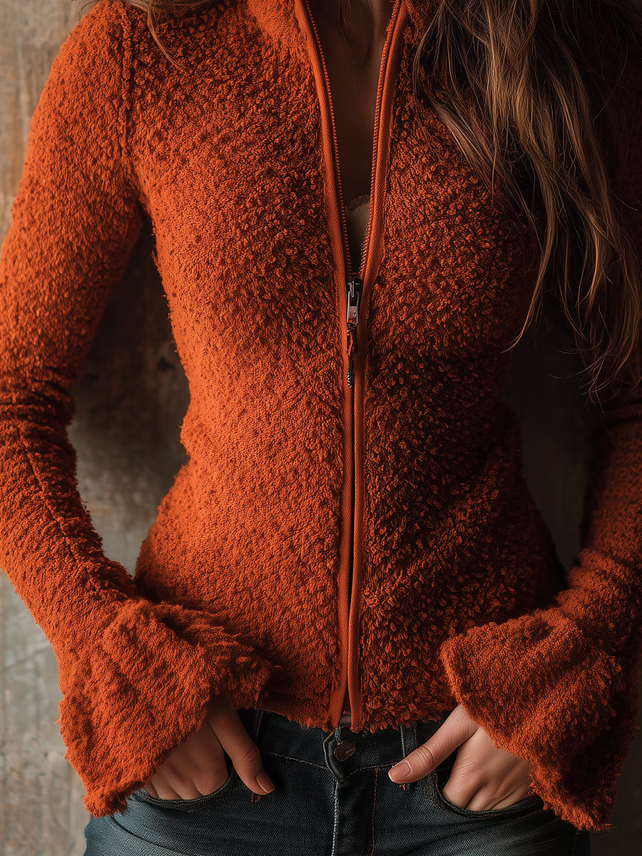 Boho Teddy Velvet Ruffle Sleeve Slim Jacket