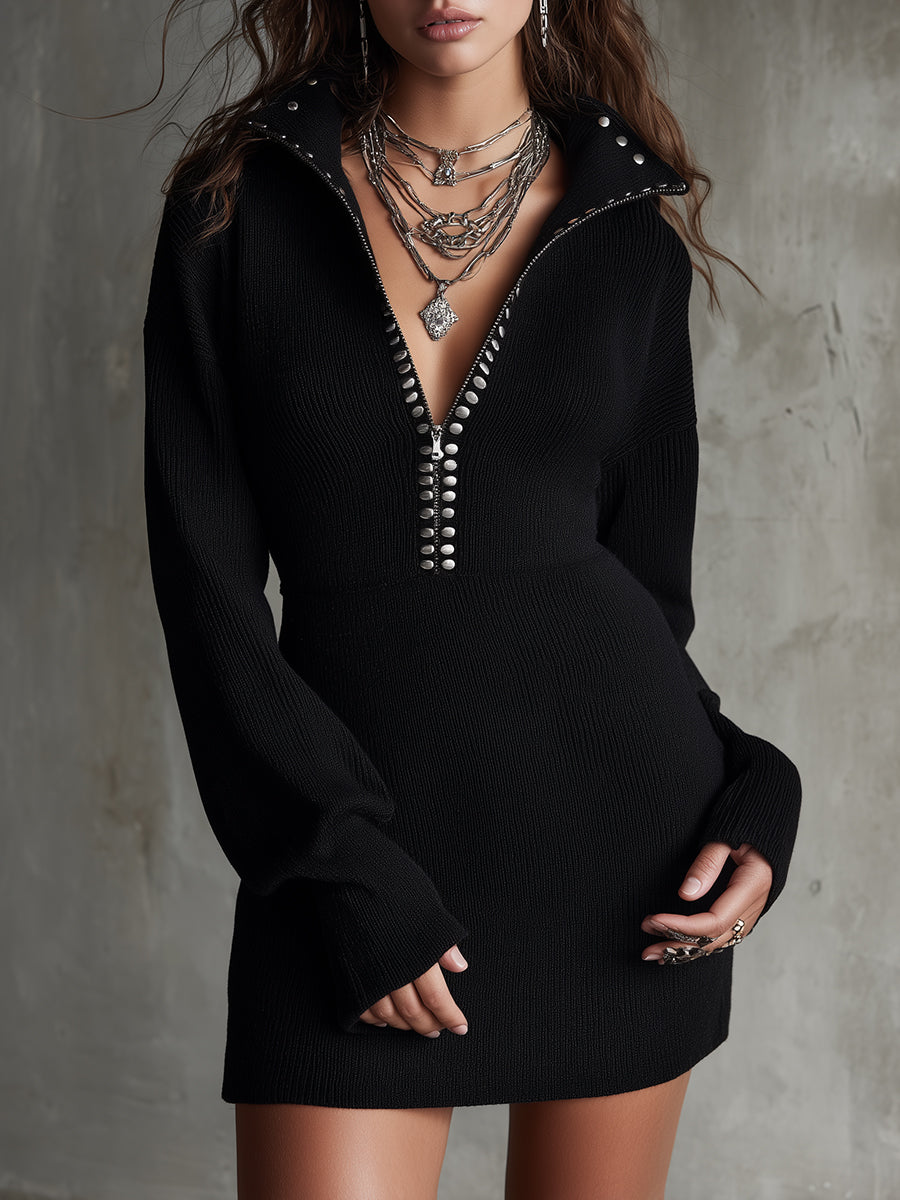 Sleek Minimal Midnight Alloy Zip-Up Knit Mini Dress