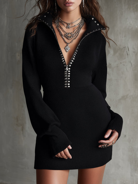 Sleek Minimal Midnight Alloy Zip-Up Knit Mini Dress