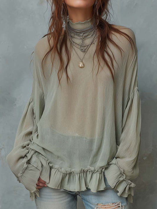 Vintage Ruffled Hem Sheer Blouse