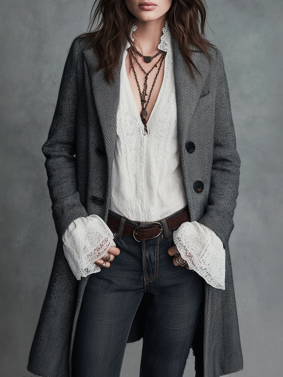 Classic Grey Herringbone Wool Blend Double-Breasted Long Coat